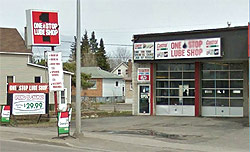 Daytime exterior of One Stop Lube Shop on Memorial Avenue, Thunder Bay.